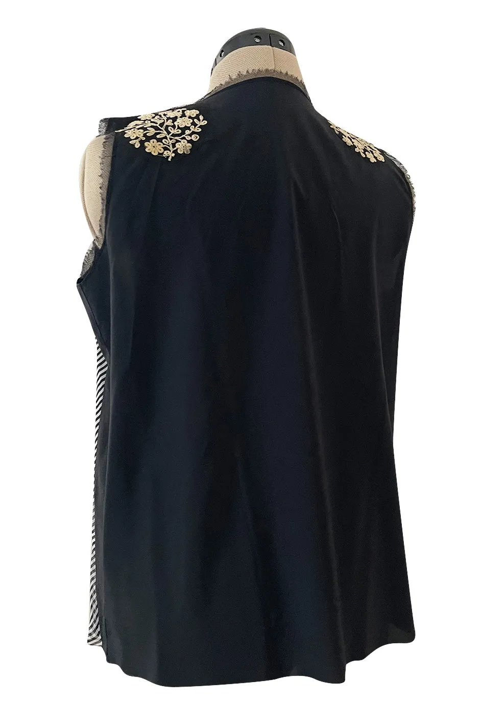 Wonderful Little Upcycled Black & White Striped Silk Chiffon Top W Hand Applied Twenties Details