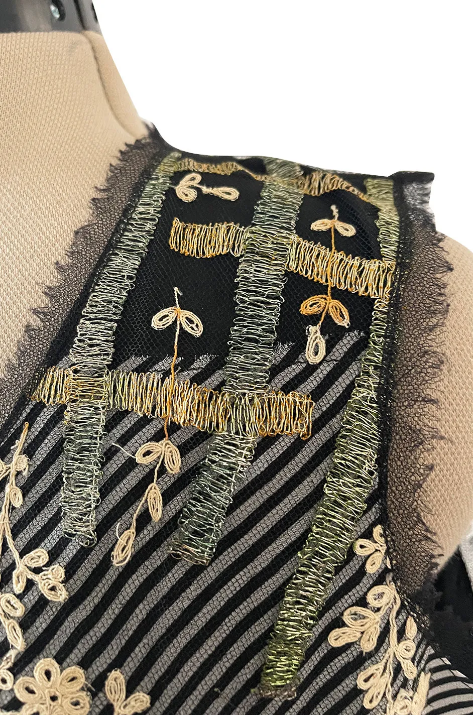 Wonderful Little Upcycled Black & White Striped Silk Chiffon Top W Hand Applied Twenties Details