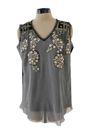 Wonderful Little Upcycled Black & White Striped Silk Chiffon Top W Hand Applied Twenties Details