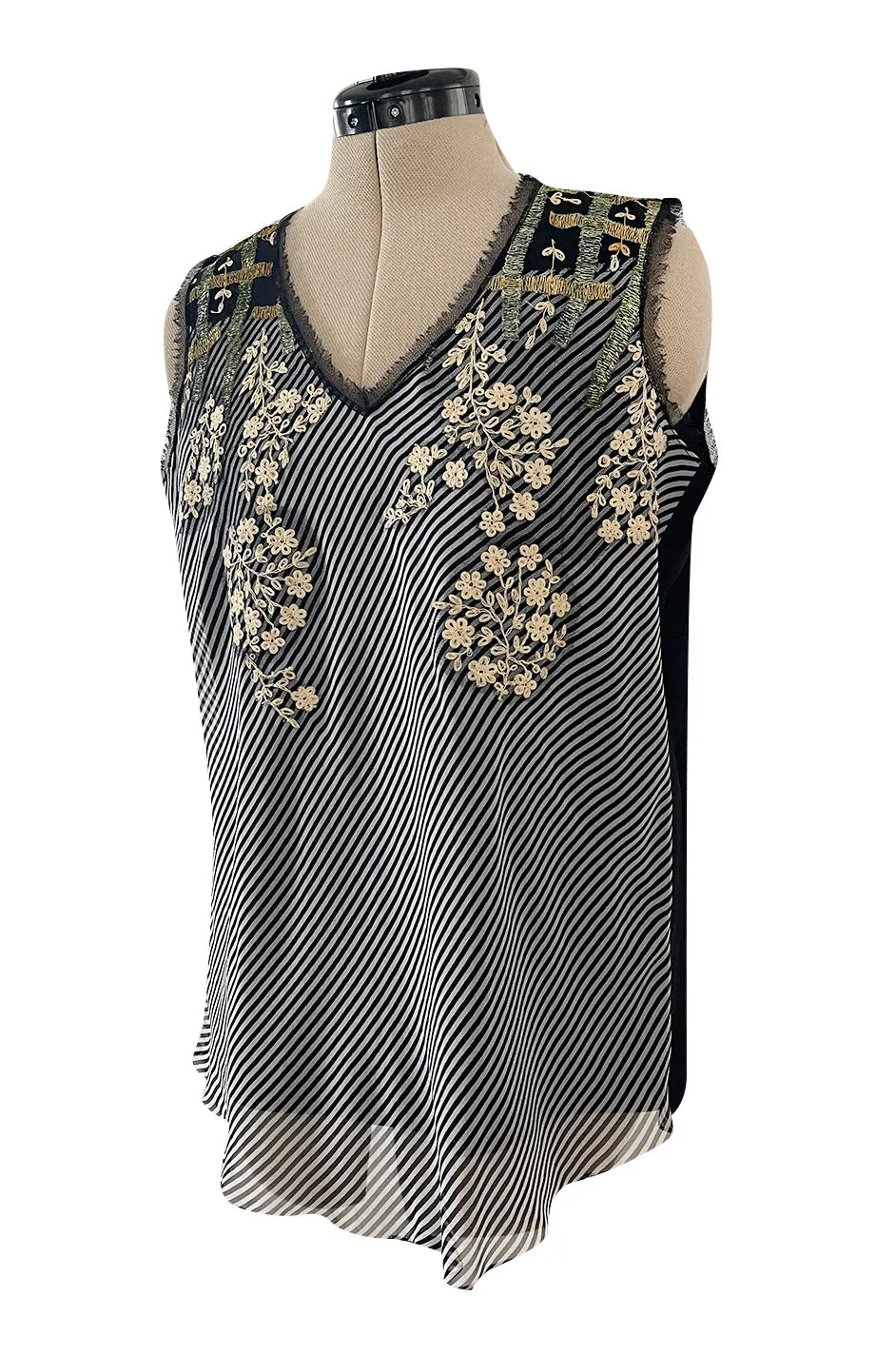 Wonderful Little Upcycled Black & White Striped Silk Chiffon Top W Hand Applied Twenties Details