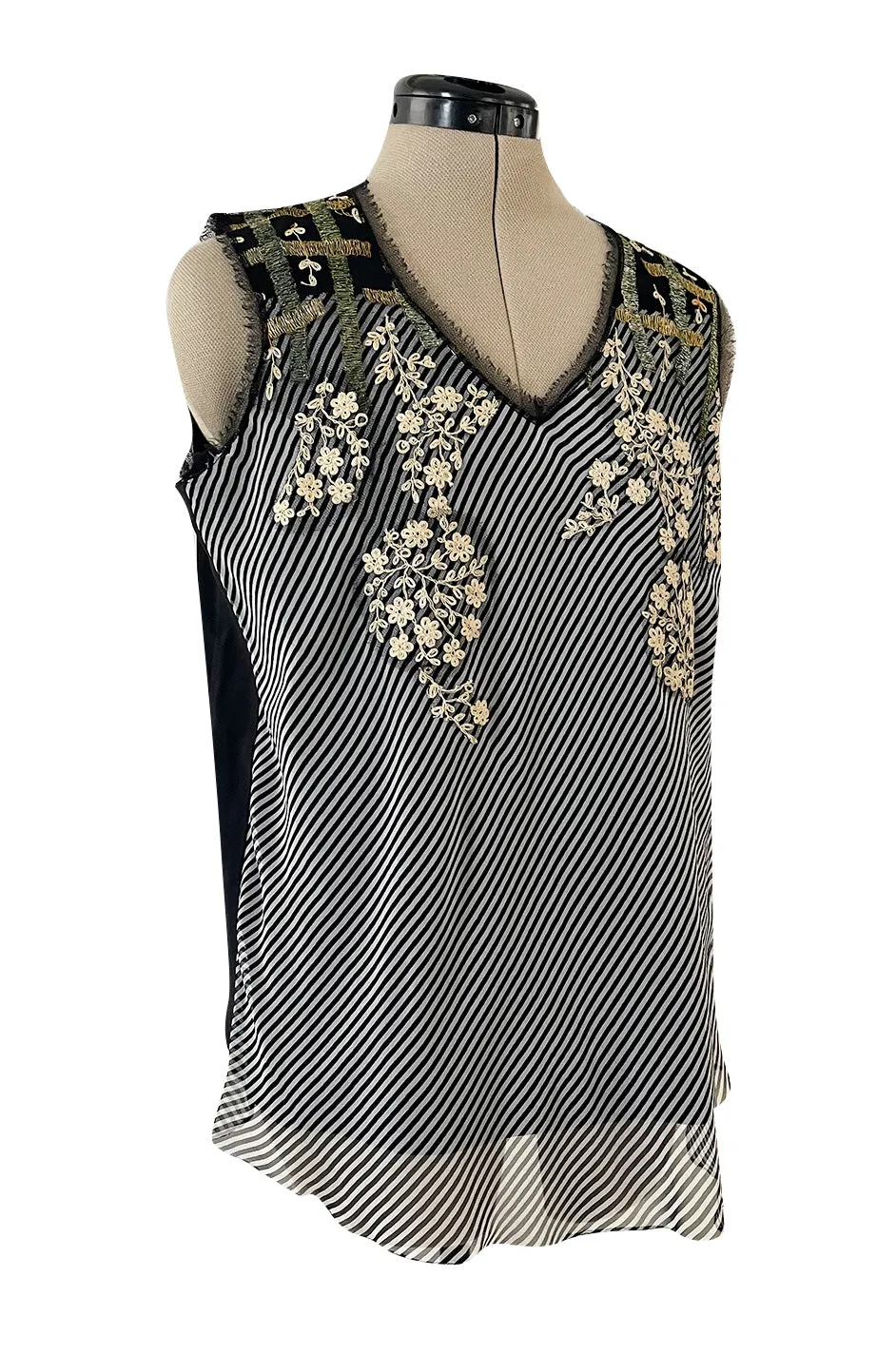 Wonderful Little Upcycled Black & White Striped Silk Chiffon Top W Hand Applied Twenties Details