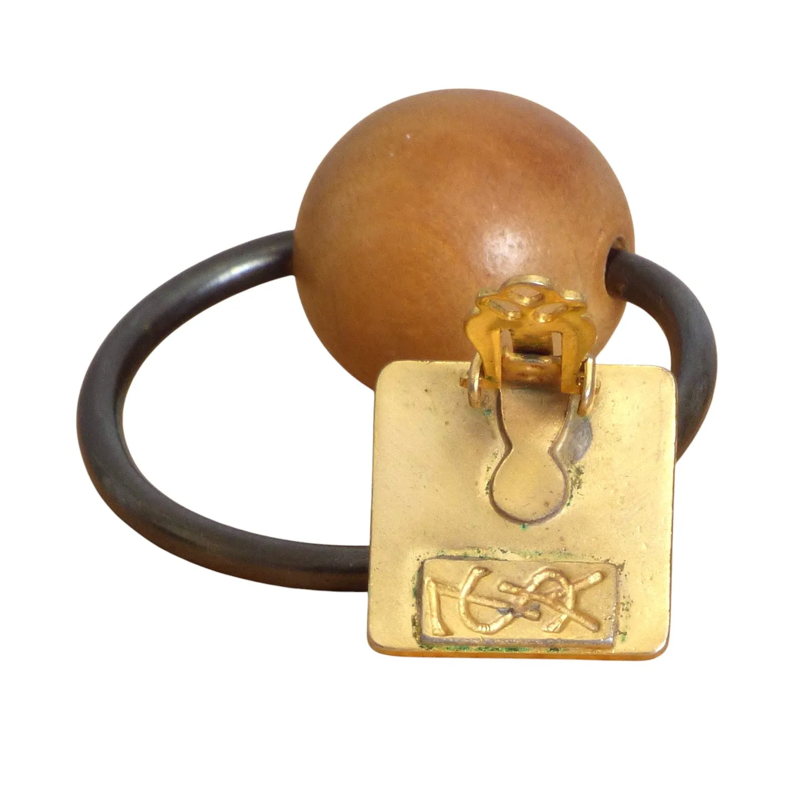 YVES SAINT LAURENT- c.1970 Hoop & Wood Bead Earrings
