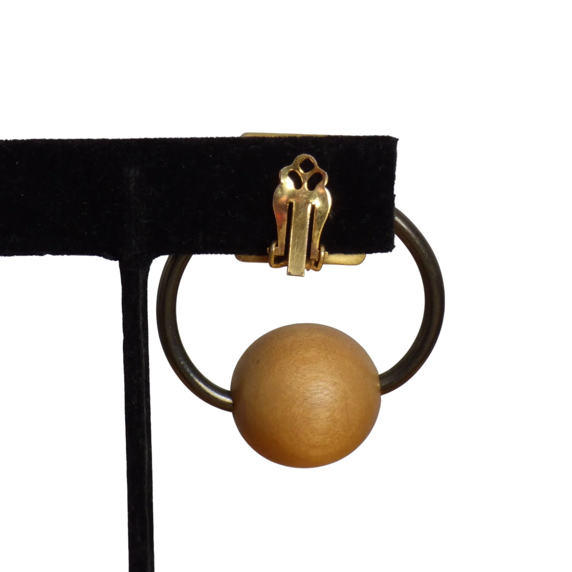 YVES SAINT LAURENT- c.1970 Hoop & Wood Bead Earrings