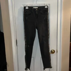 Zara faded black distressed jeans with snakeskin print stripe waist 27 length 36