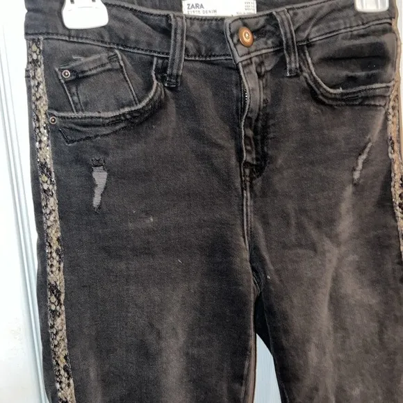 Zara faded black distressed jeans with snakeskin print stripe waist 27 length 36