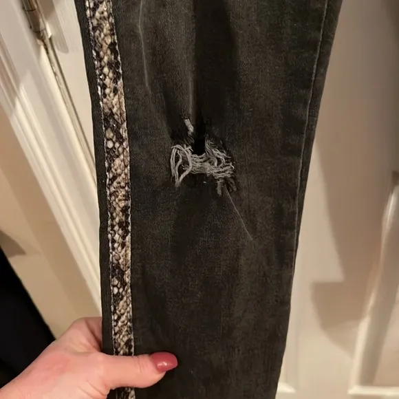 Zara faded black distressed jeans with snakeskin print stripe waist 27 length 36