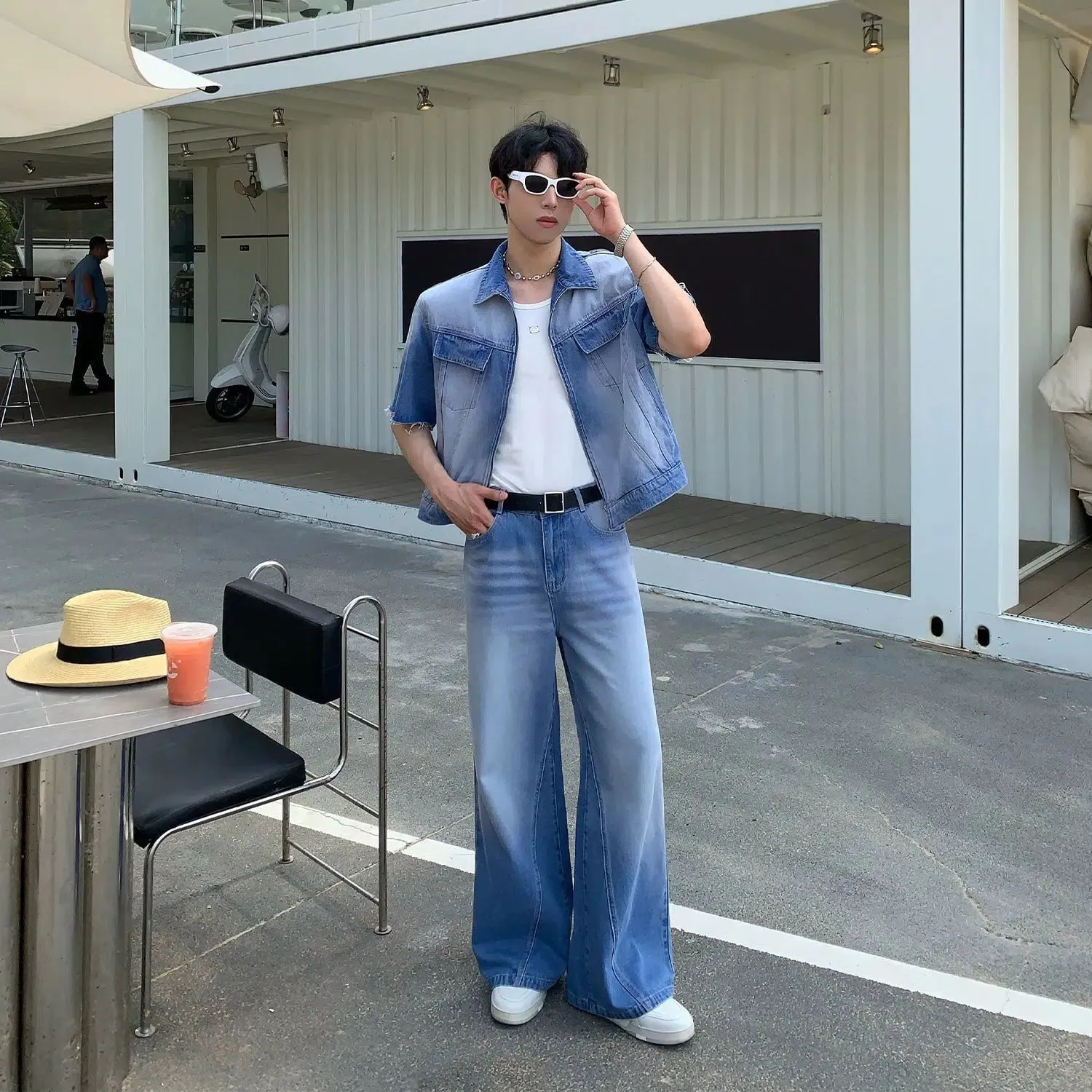 Zip Short Sleeve Denim Shirt & Straight Jeans