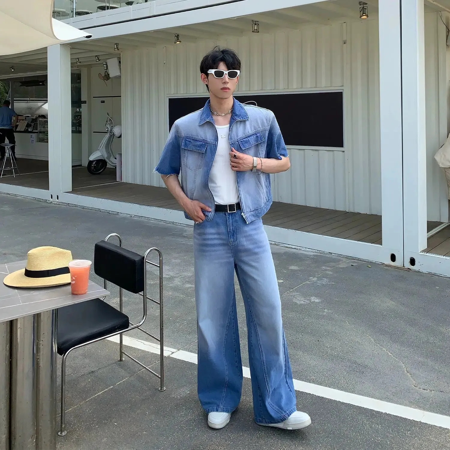 Zip Short Sleeve Denim Shirt & Straight Jeans