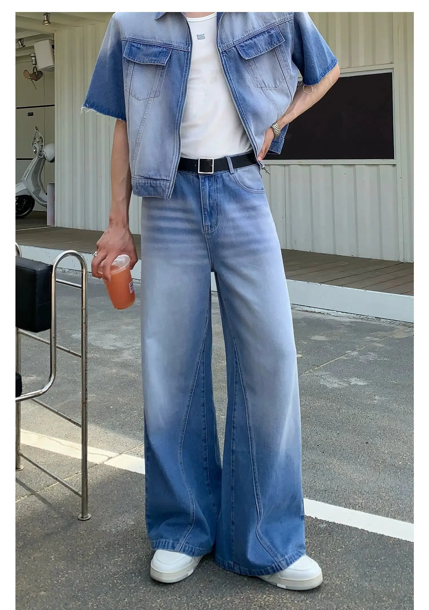 Zip Short Sleeve Denim Shirt & Straight Jeans